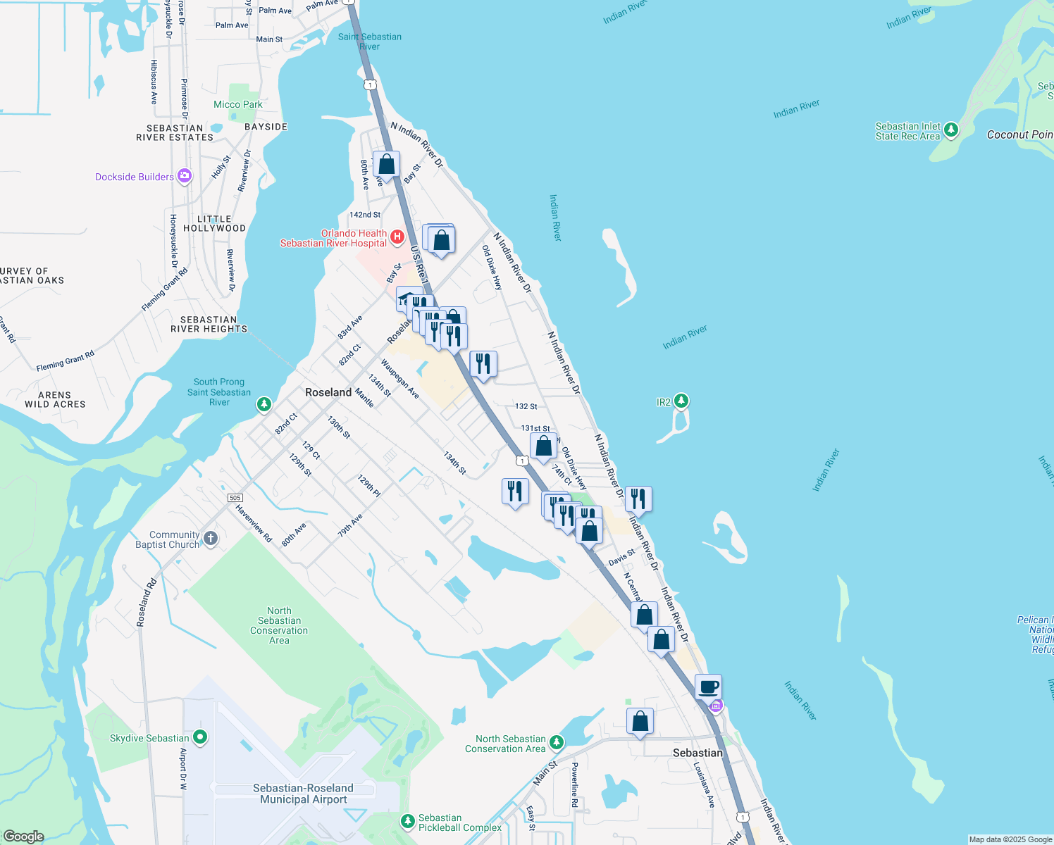 map of restaurants, bars, coffee shops, grocery stores, and more near 7550 131st Street in Sebastian