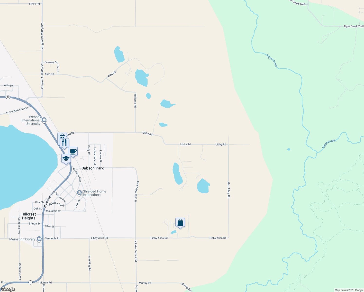 map of restaurants, bars, coffee shops, grocery stores, and more near 1432 Libby Road in Babson Park
