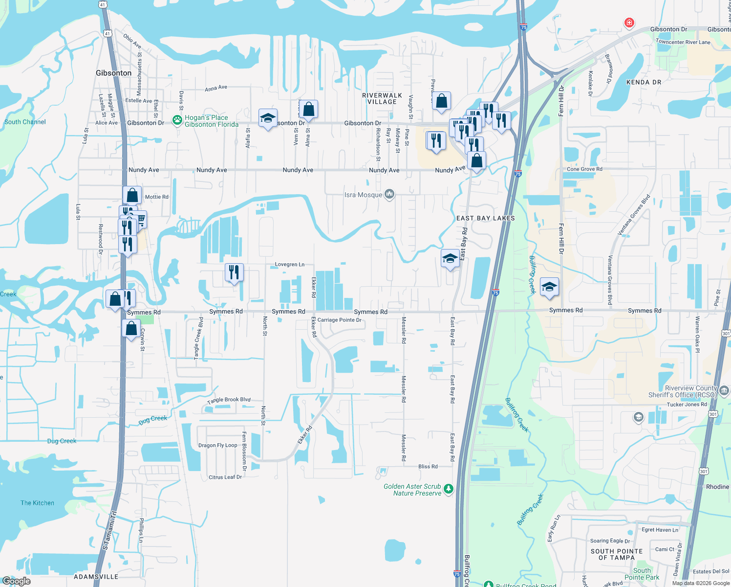 map of restaurants, bars, coffee shops, grocery stores, and more near 11326 Spivey Road in Gibsonton