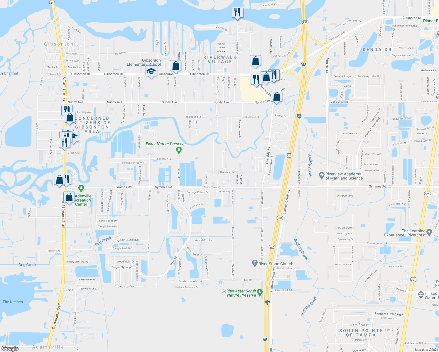map of restaurants, bars, coffee shops, grocery stores, and more near 8511 Honeywell Road in Gibsonton