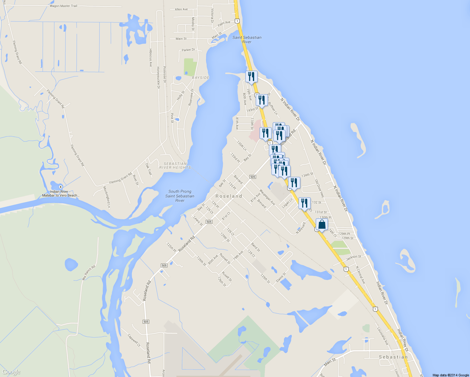 map of restaurants, bars, coffee shops, grocery stores, and more near 8230 133 Pl in Sebastian