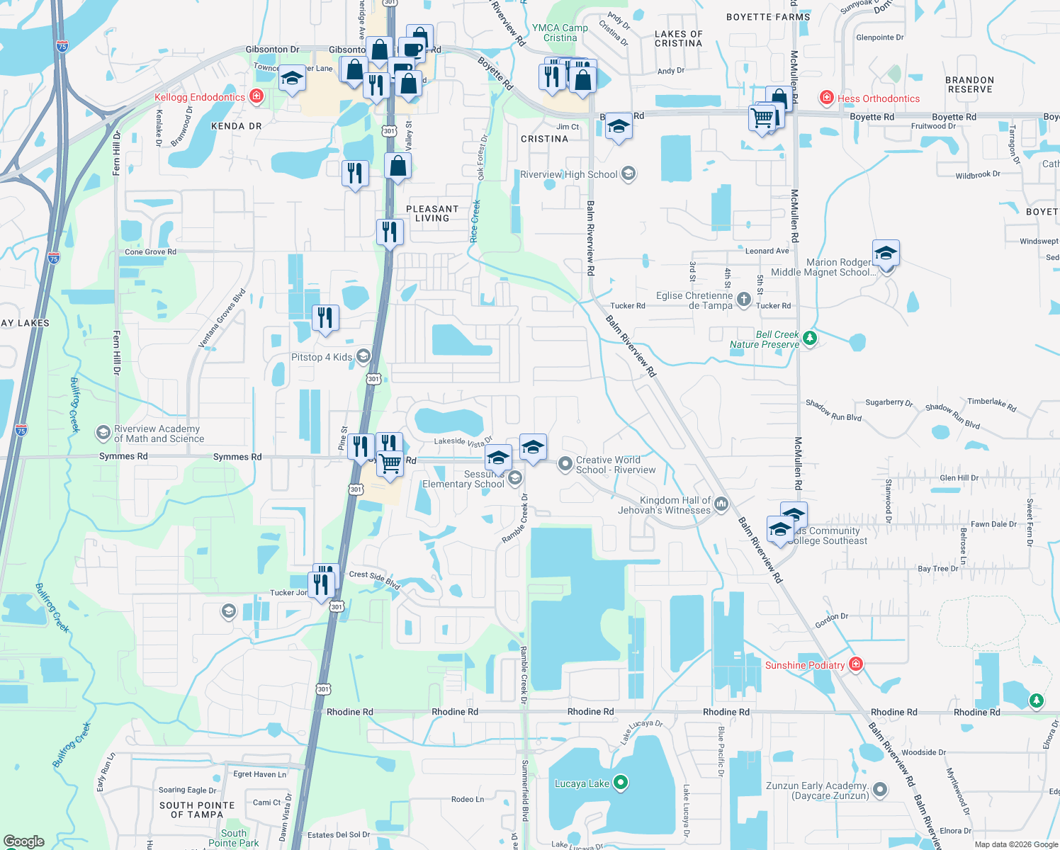map of restaurants, bars, coffee shops, grocery stores, and more near 11351 Cocoa Beach Drive in Riverview