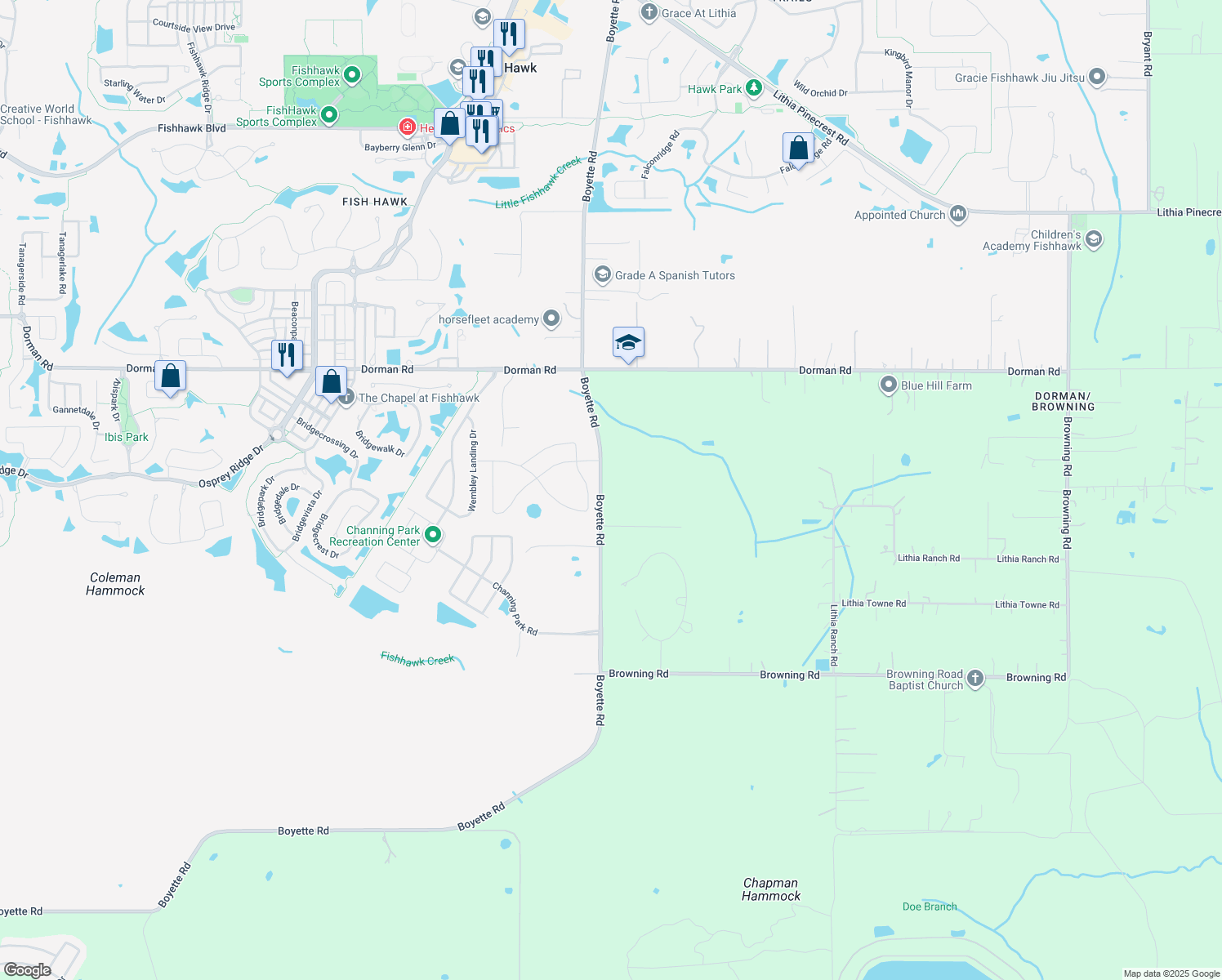 map of restaurants, bars, coffee shops, grocery stores, and more near 18341 Boyette Road in Lithia