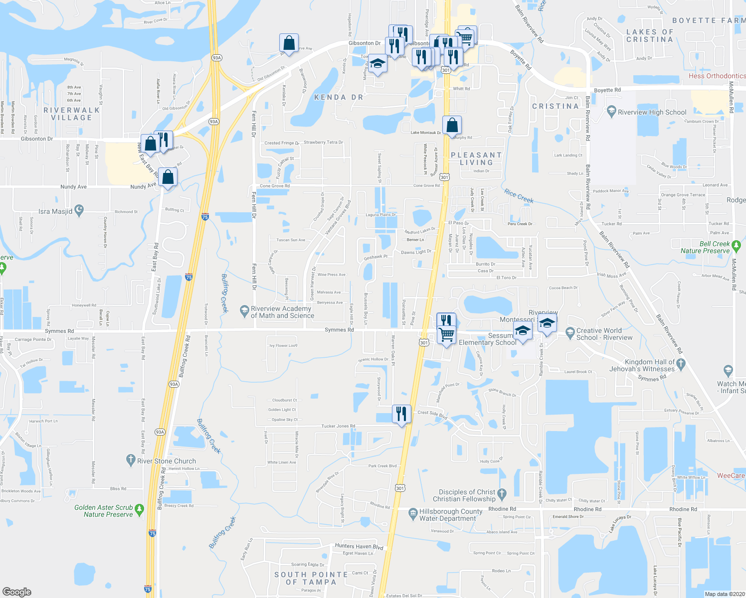 map of restaurants, bars, coffee shops, grocery stores, and more near 10404 Hawk Court in Riverview