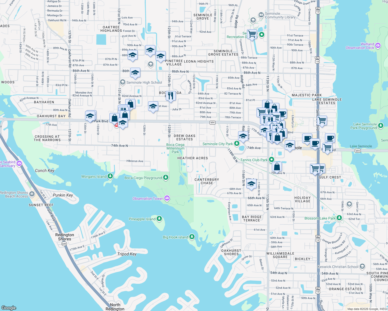 map of restaurants, bars, coffee shops, grocery stores, and more near 7265 122nd Way in Seminole