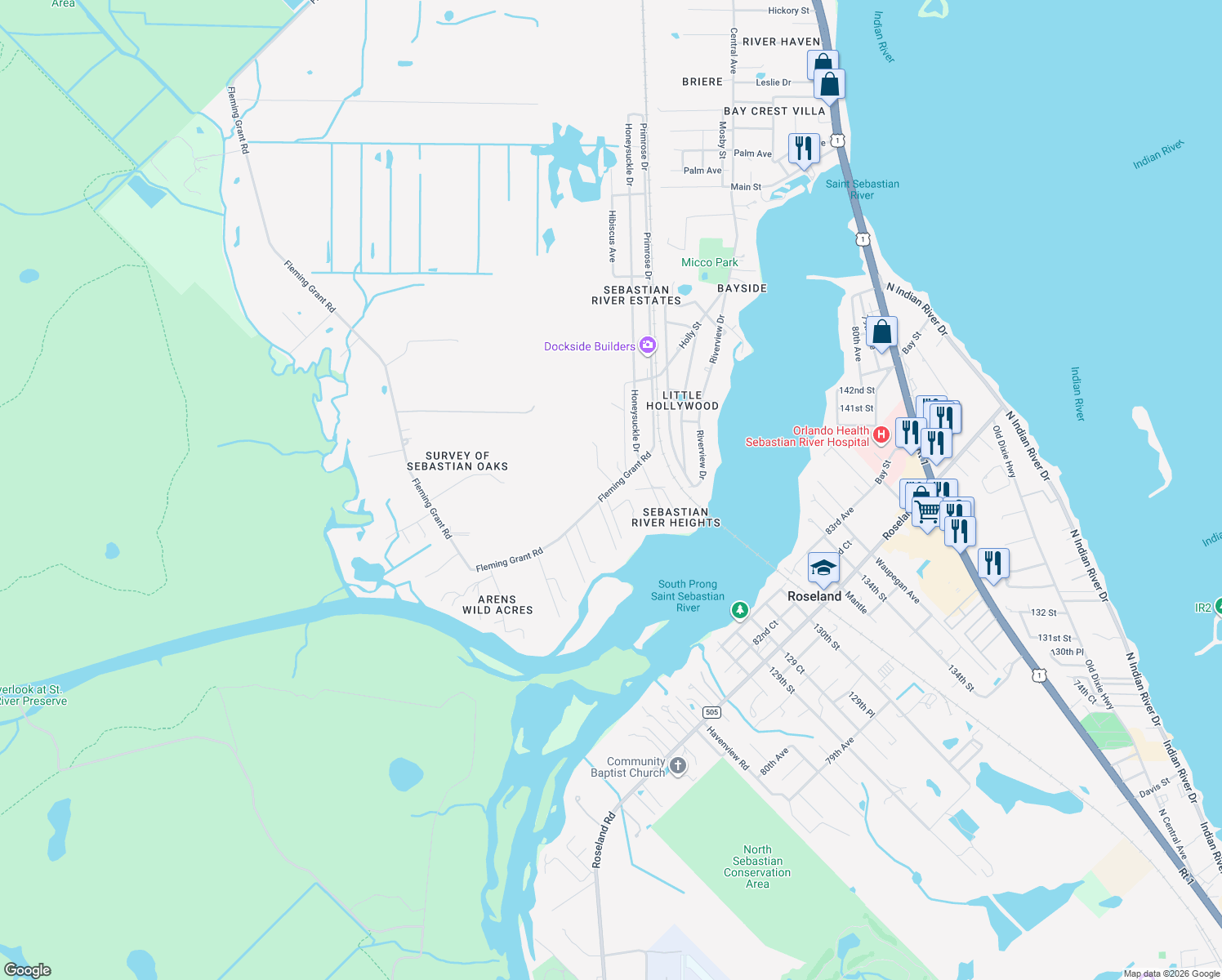 map of restaurants, bars, coffee shops, grocery stores, and more near 9780 Fleming Grant Rd in Micco