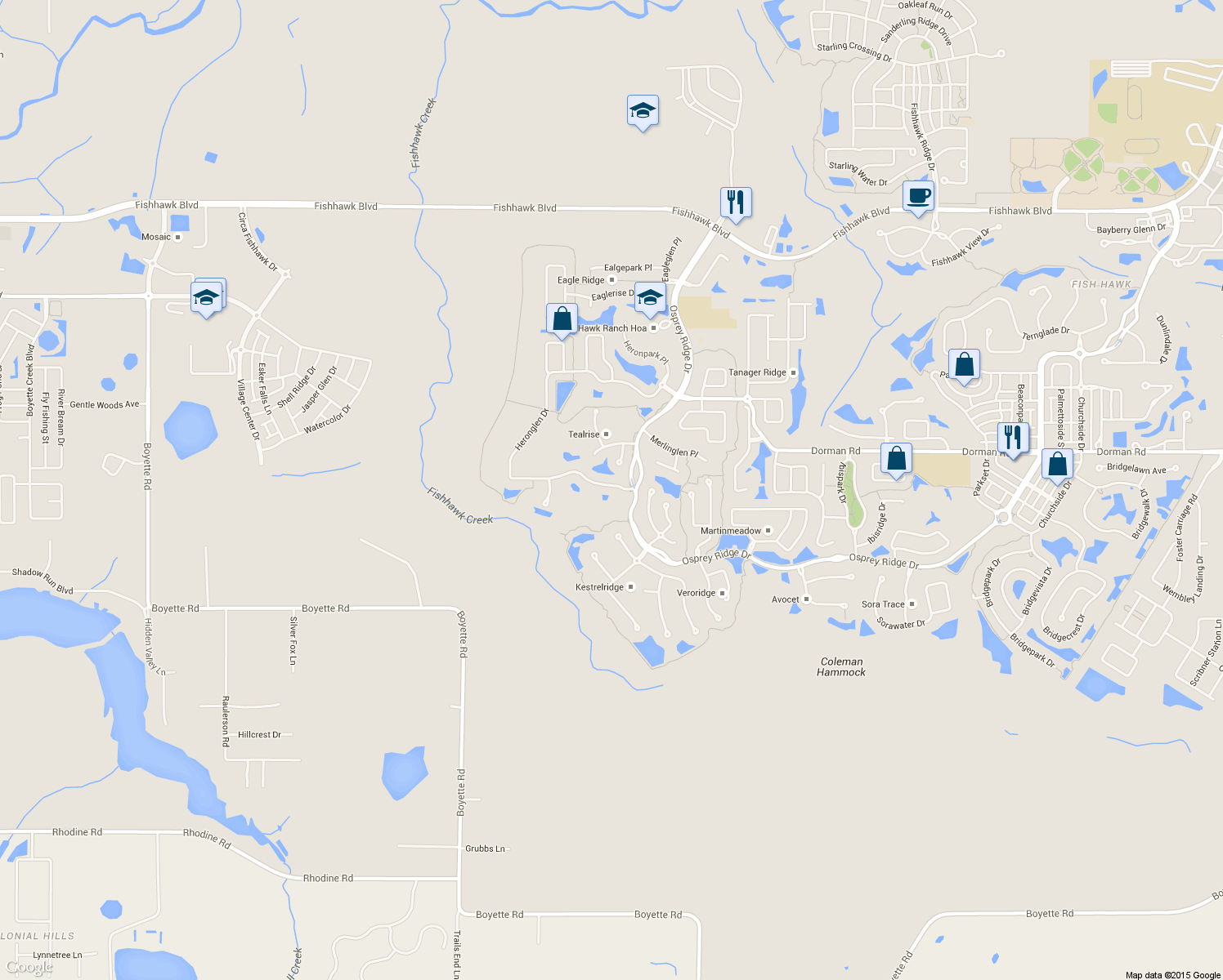 map of restaurants, bars, coffee shops, grocery stores, and more near 14712 Heronglen Drive in Lithia