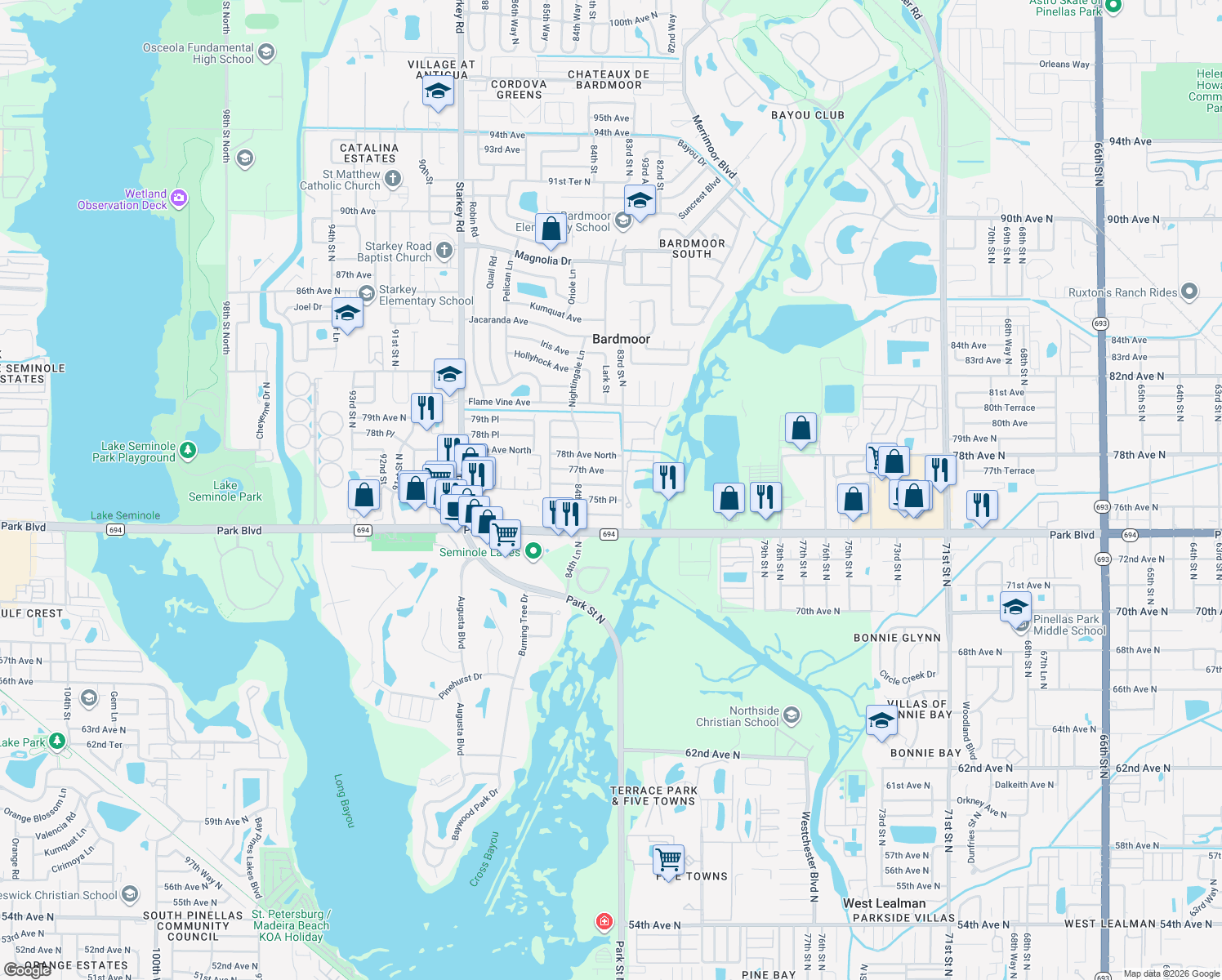 map of restaurants, bars, coffee shops, grocery stores, and more near 8318 76th Avenue in Seminole