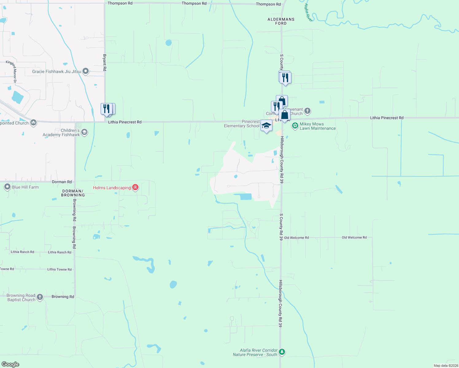 map of restaurants, bars, coffee shops, grocery stores, and more near 414 Hawk Talon Drive in Lithia