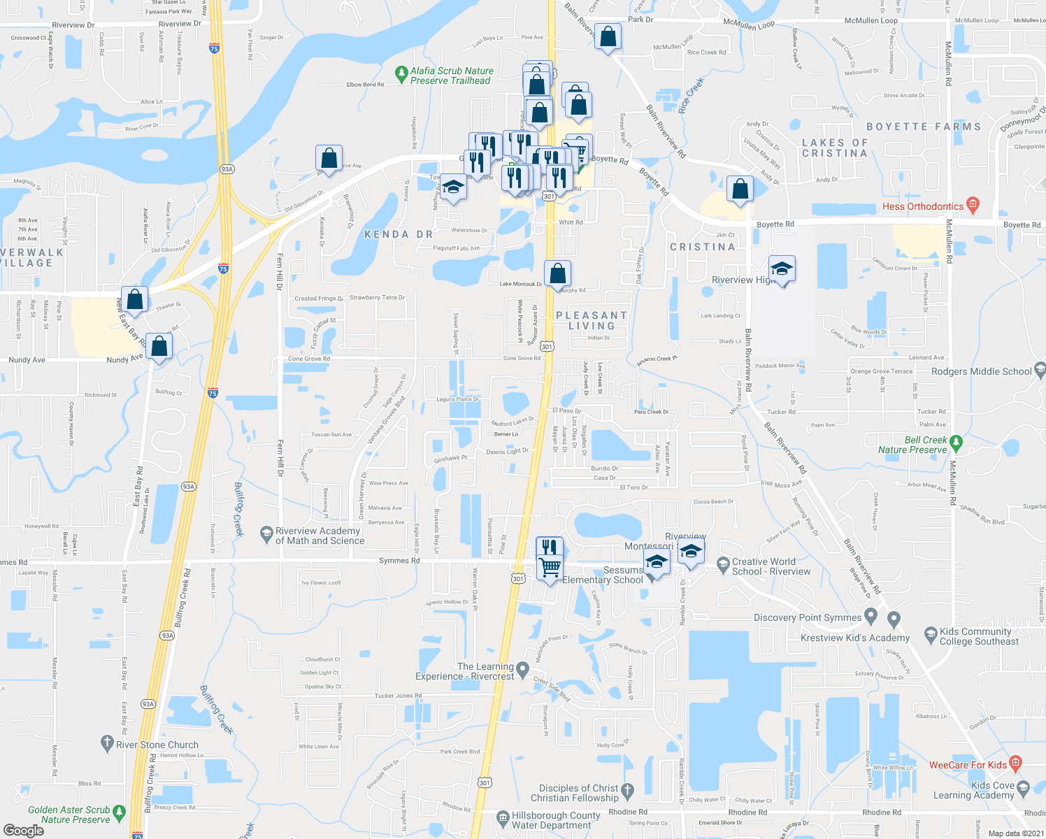 map of restaurants, bars, coffee shops, grocery stores, and more near 10630 Medford Lake in Riverview