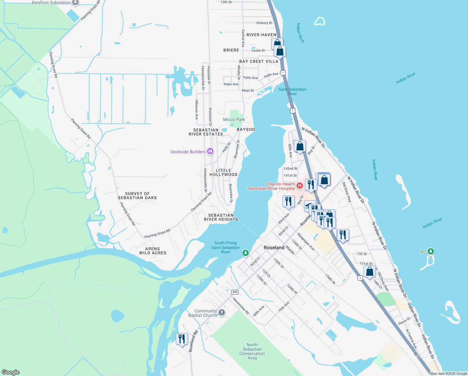 map of restaurants, bars, coffee shops, grocery stores, and more near 9884 Riverview Drive in Sebastian