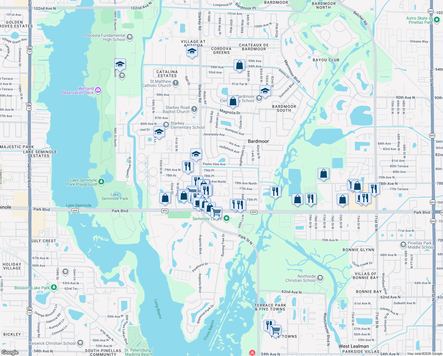 map of restaurants, bars, coffee shops, grocery stores, and more near 8672 78th Place in Seminole