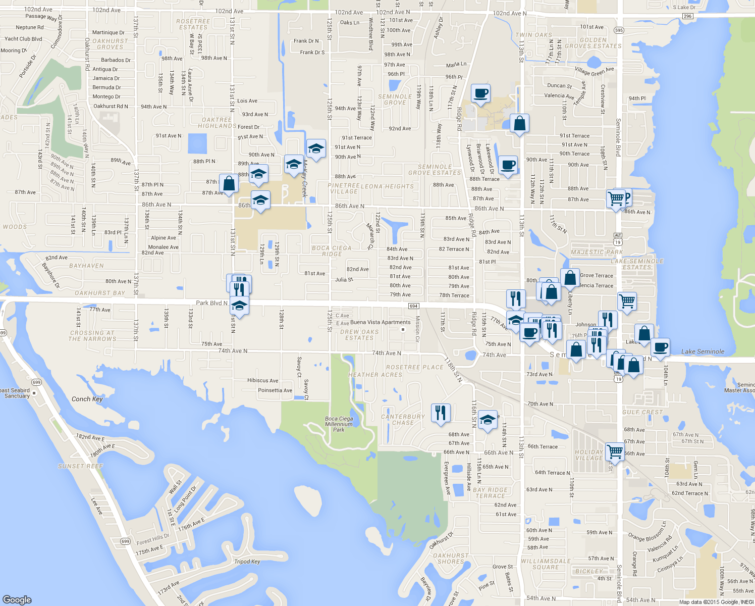map of restaurants, bars, coffee shops, grocery stores, and more near 6952 122nd Street in Seminole
