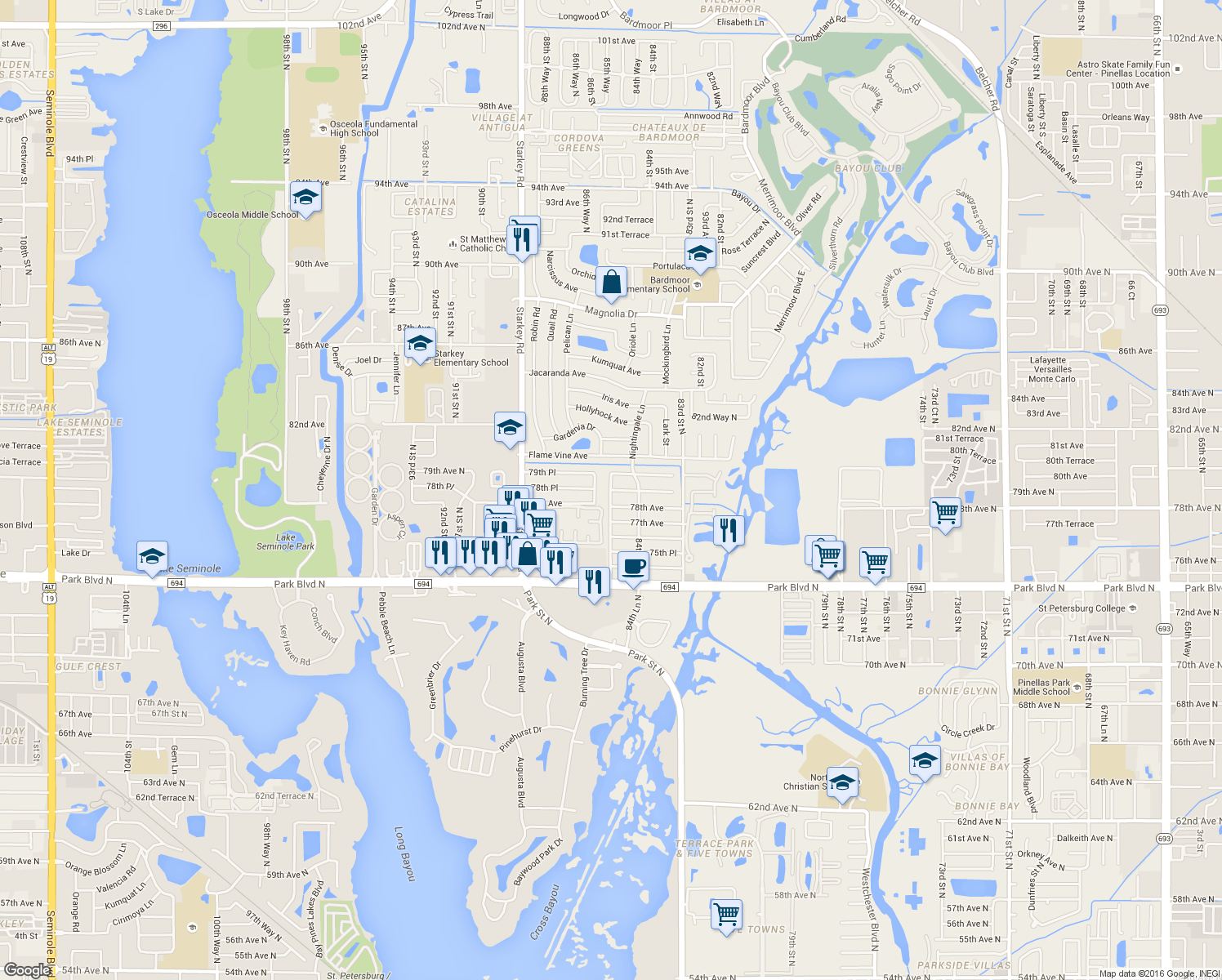 map of restaurants, bars, coffee shops, grocery stores, and more near 9244 79th Avenue in Seminole