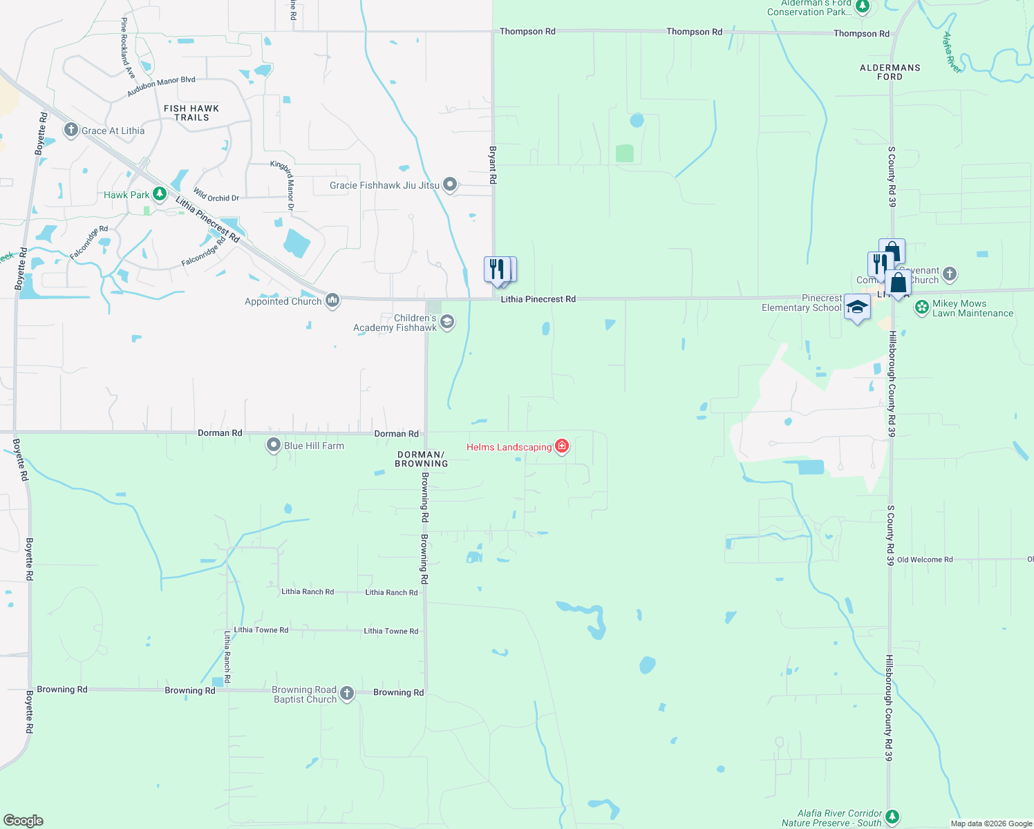 map of restaurants, bars, coffee shops, grocery stores, and more near 19128 Dorman Road in Lithia