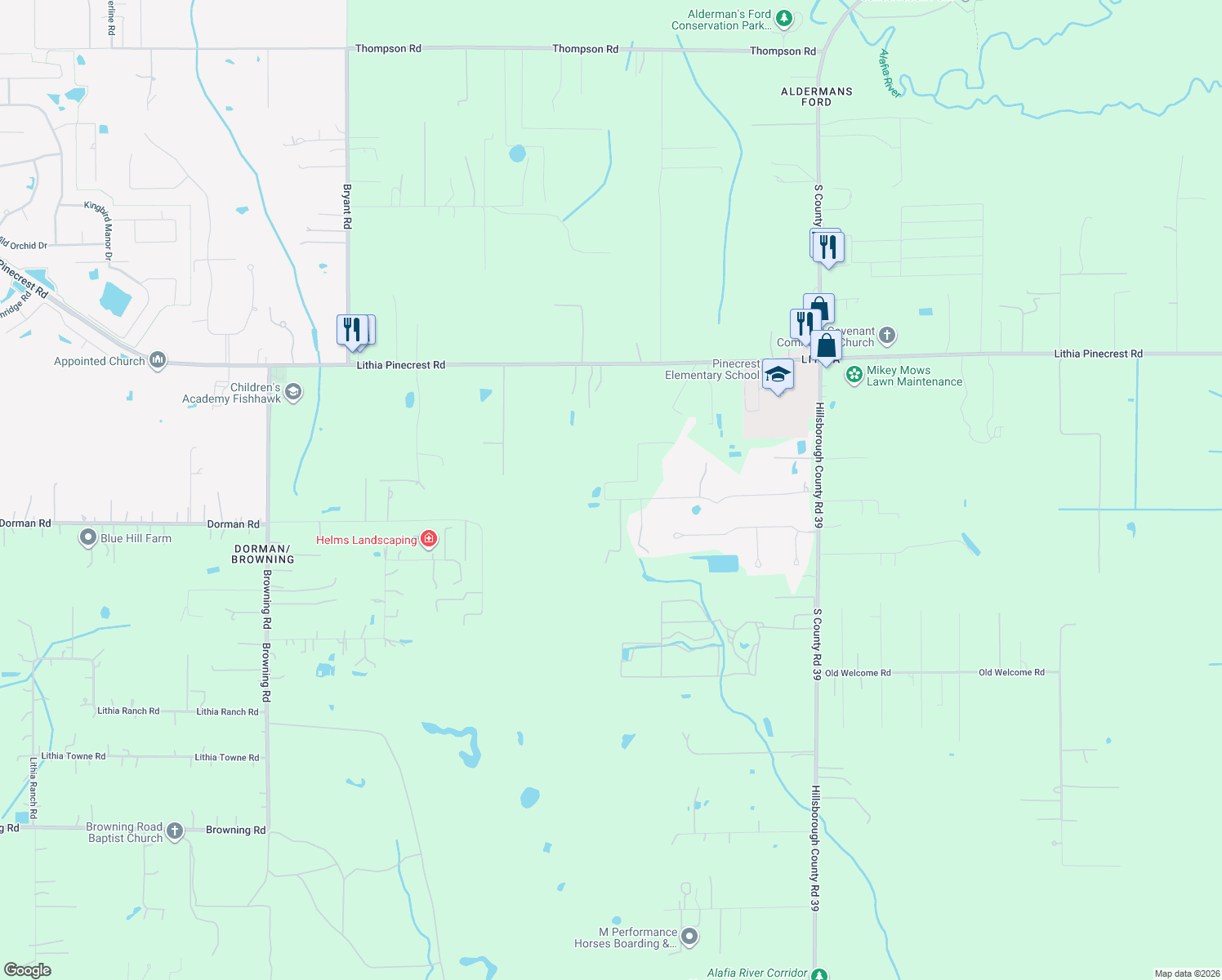map of restaurants, bars, coffee shops, grocery stores, and more near 510 Cloverleaf Drive in Lithia