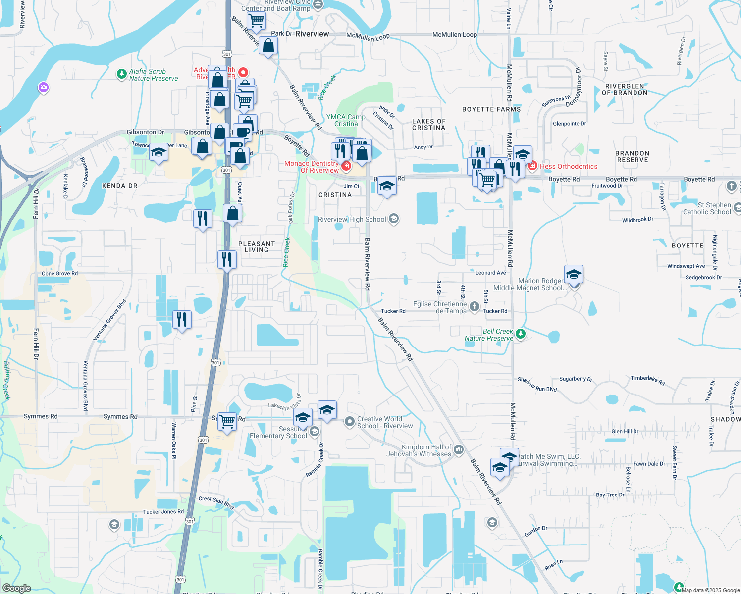 map of restaurants, bars, coffee shops, grocery stores, and more near 10806 Balm Riverview Road in Riverview