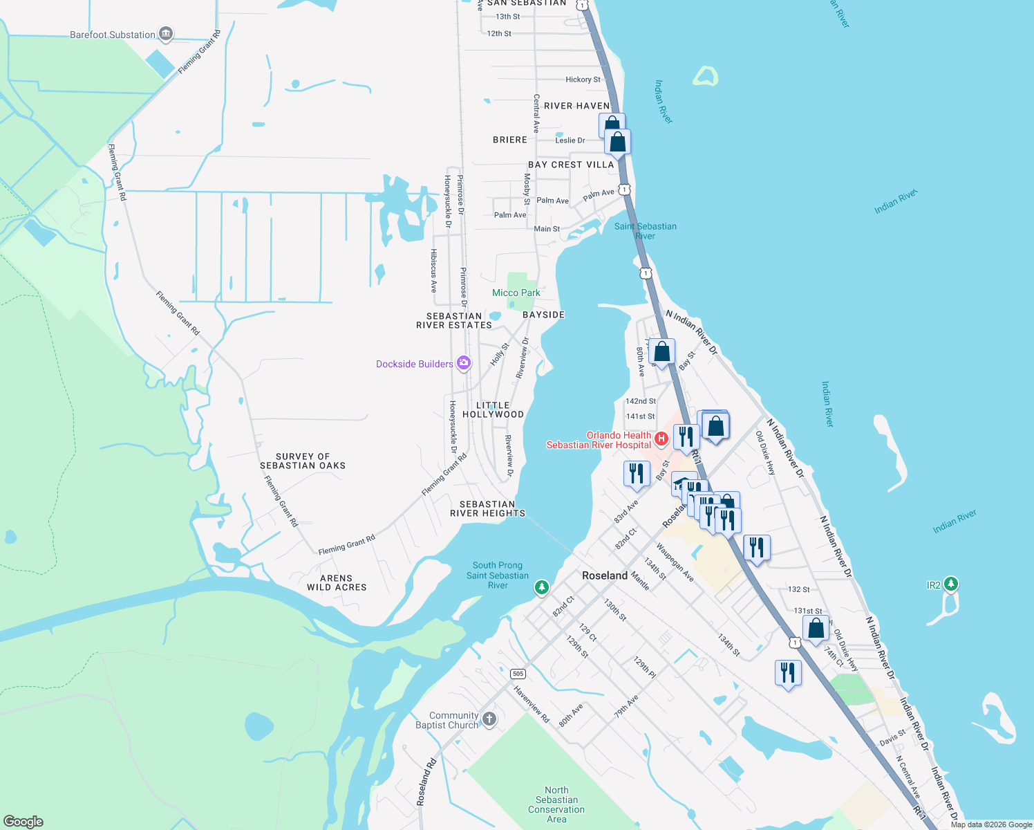 map of restaurants, bars, coffee shops, grocery stores, and more near 9860 Riverview Drive in Sebastian