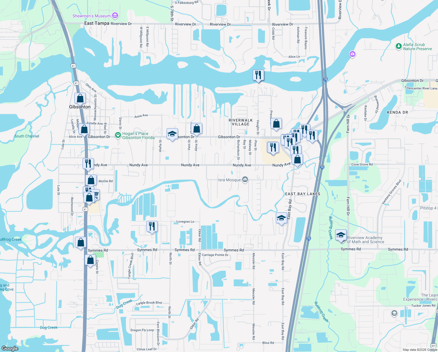 map of restaurants, bars, coffee shops, grocery stores, and more near 8270 Richmond Street in Gibsonton