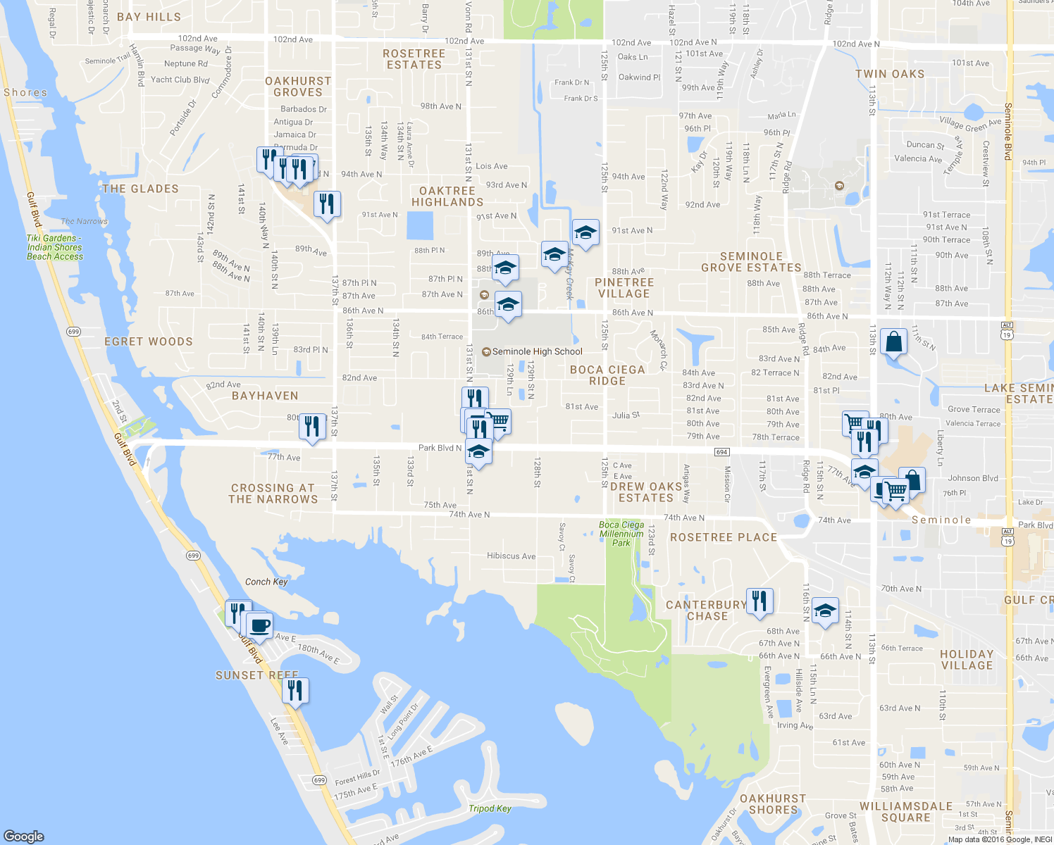 map of restaurants, bars, coffee shops, grocery stores, and more near 13772 80th Avenue in Seminole