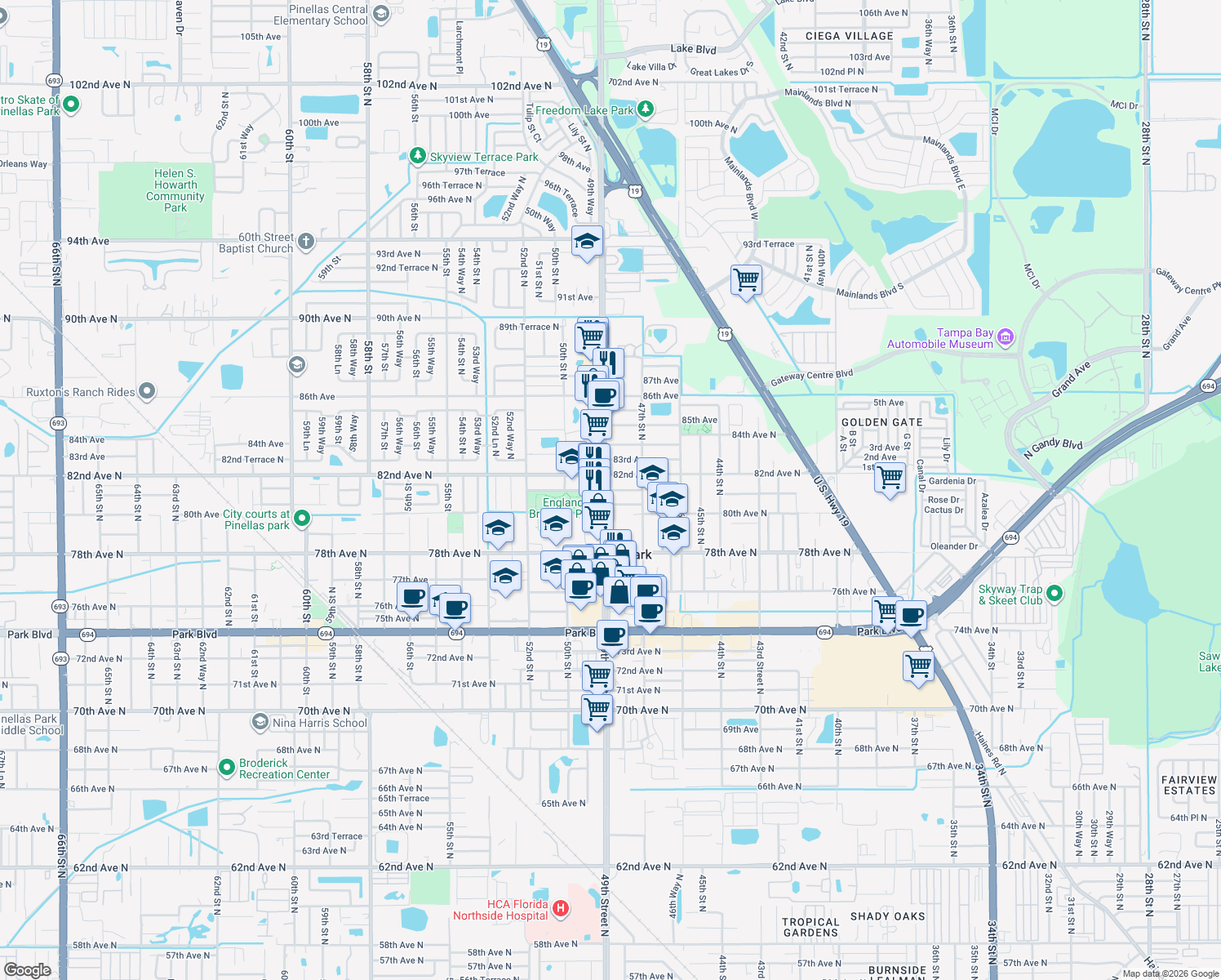 map of restaurants, bars, coffee shops, grocery stores, and more near 4861 81st Avenue in Pinellas Park