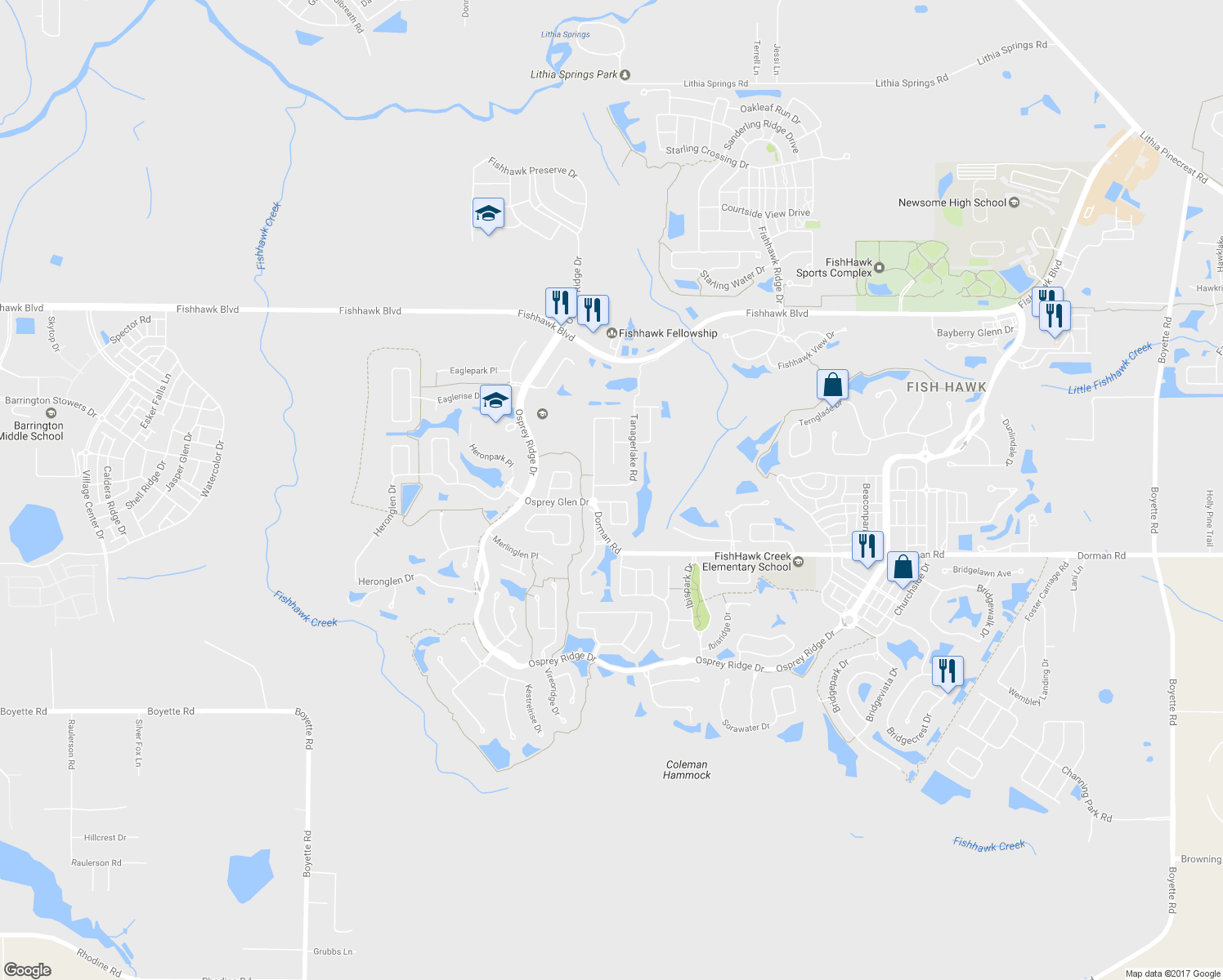 map of restaurants, bars, coffee shops, grocery stores, and more near 5828 Tanagerlake Road in Lithia
