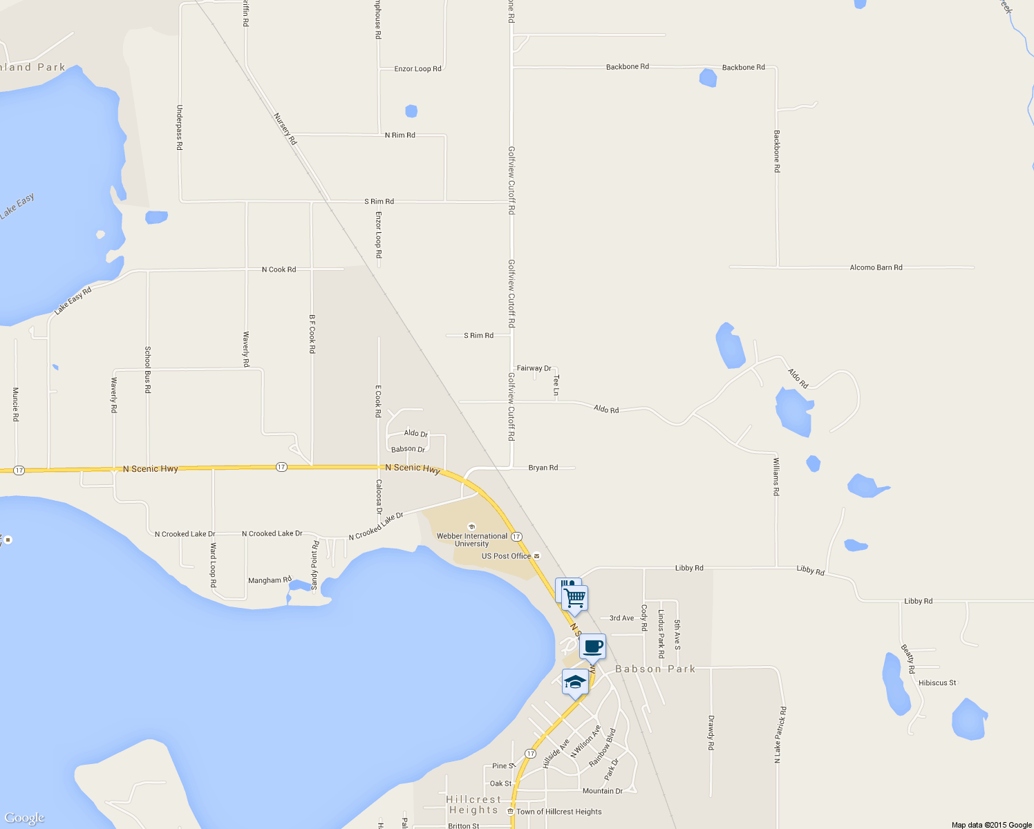 map of restaurants, bars, coffee shops, grocery stores, and more near 1750 Golfview Cutoff Road in Babson Park