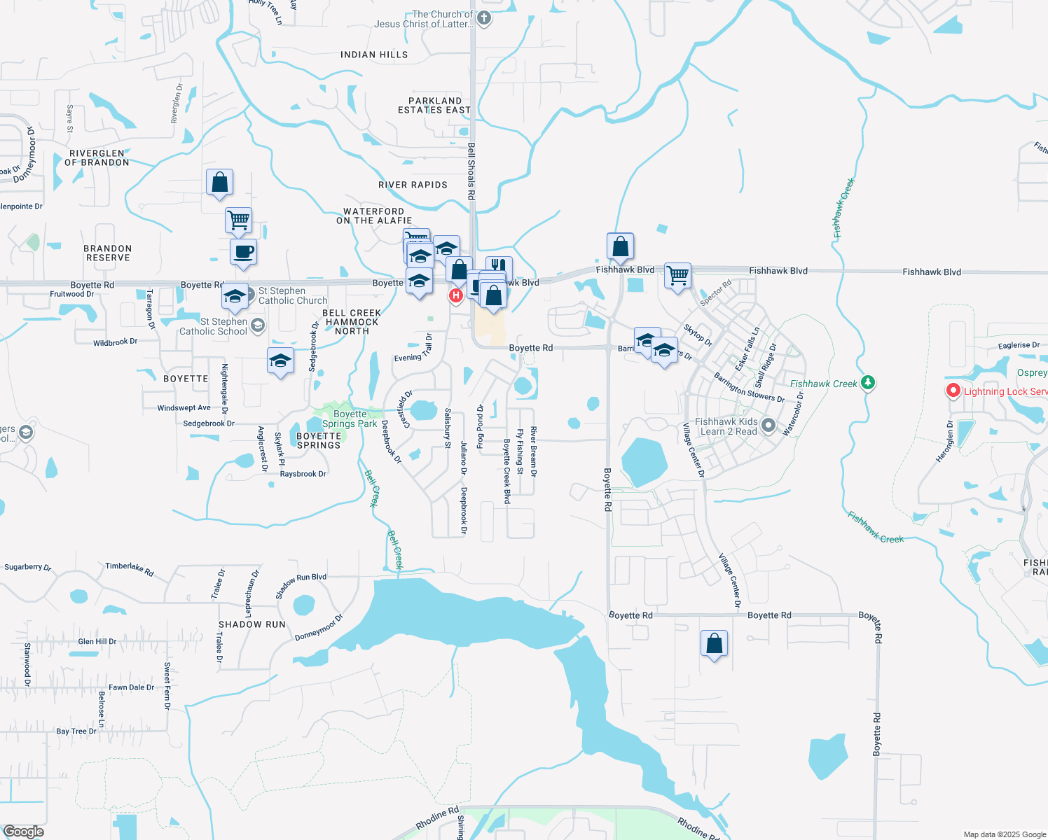 map of restaurants, bars, coffee shops, grocery stores, and more near 10408 Fly Fishing Street in Riverview