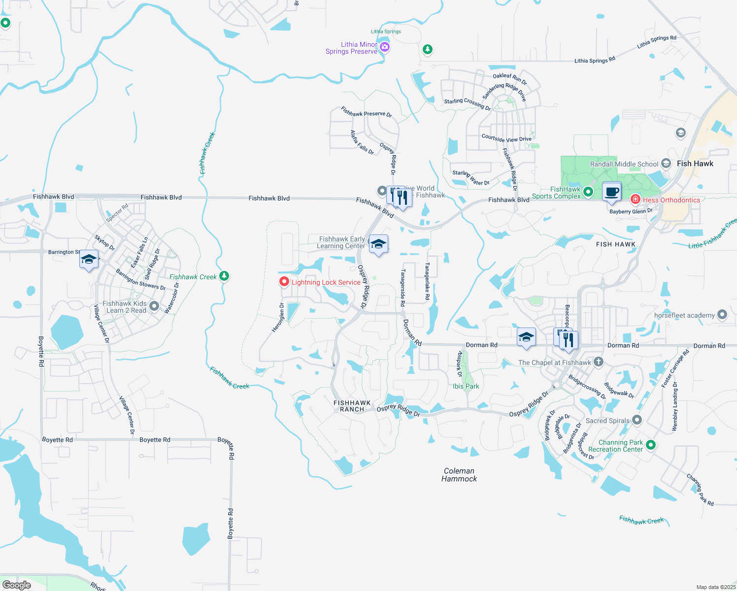 map of restaurants, bars, coffee shops, grocery stores, and more near Osprey Ridge Drive in Lithia