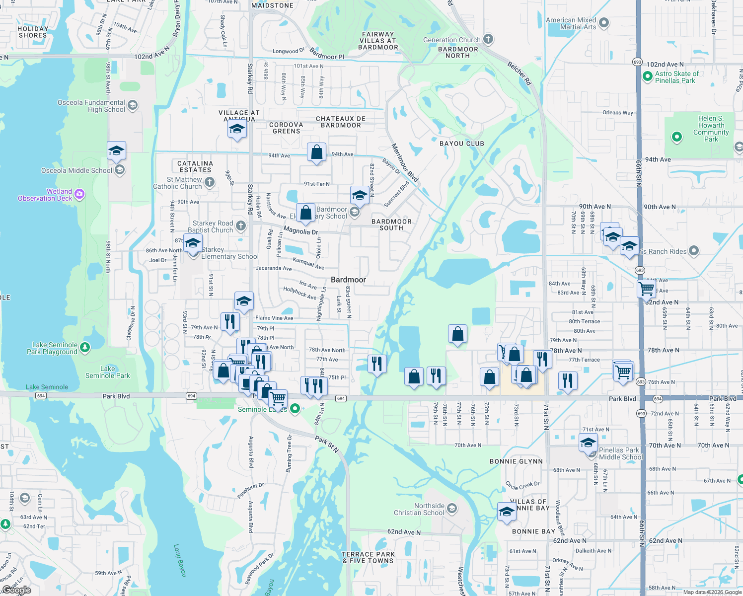 map of restaurants, bars, coffee shops, grocery stores, and more near 8168 82nd Avenue in Seminole