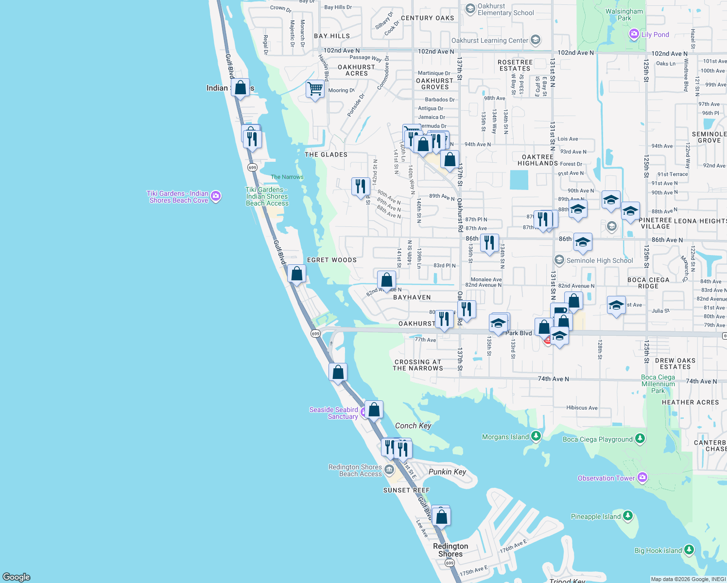 map of restaurants, bars, coffee shops, grocery stores, and more near 8134 Bayshore Drive in Seminole