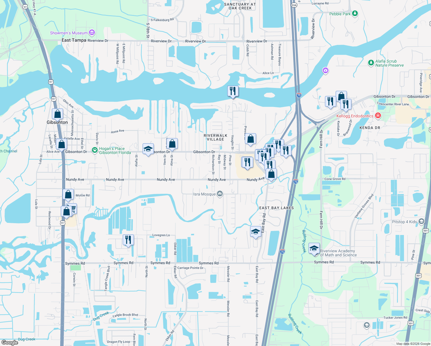 map of restaurants, bars, coffee shops, grocery stores, and more near 10414 Richardson Street in Gibsonton