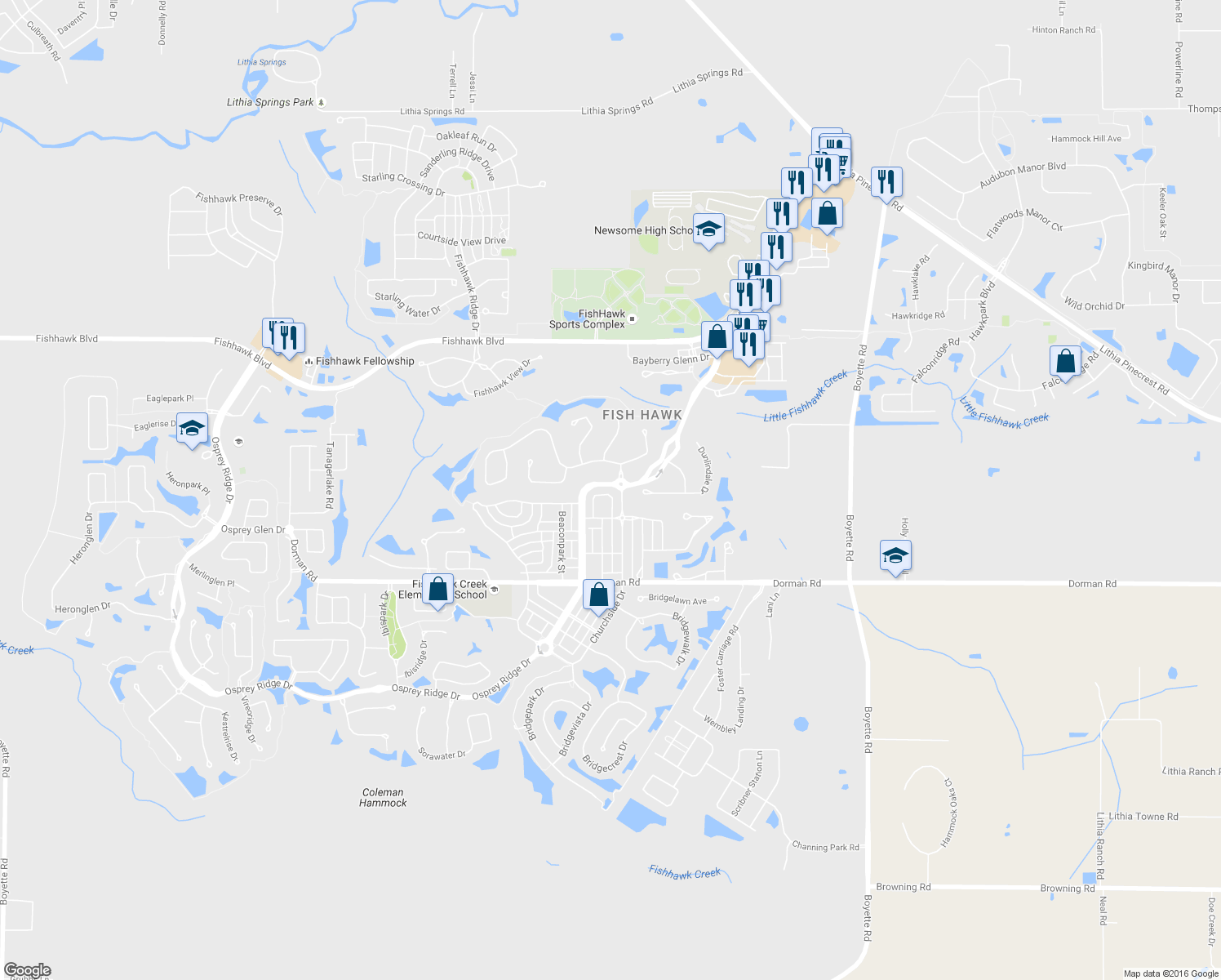 map of restaurants, bars, coffee shops, grocery stores, and more near 5906 Fishhawk Crossing Boulevard in Lithia