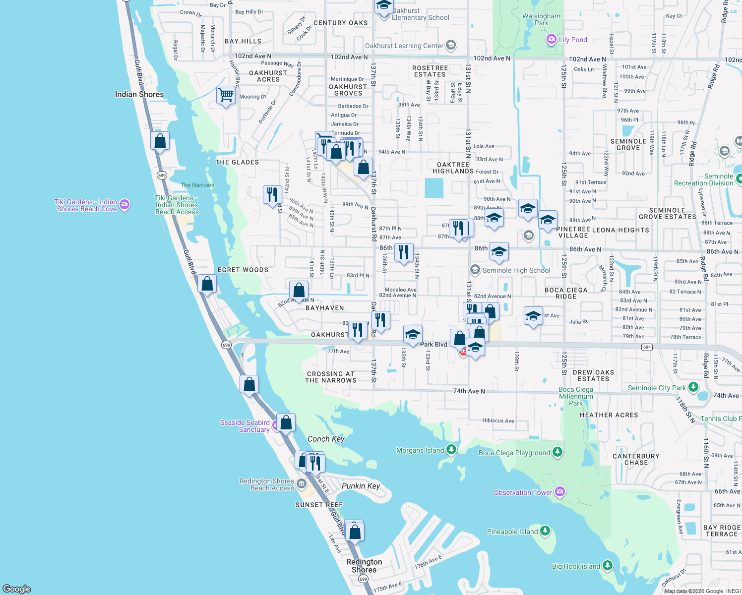 map of restaurants, bars, coffee shops, grocery stores, and more near 13703 Oak Forest Boulevard North in Seminole