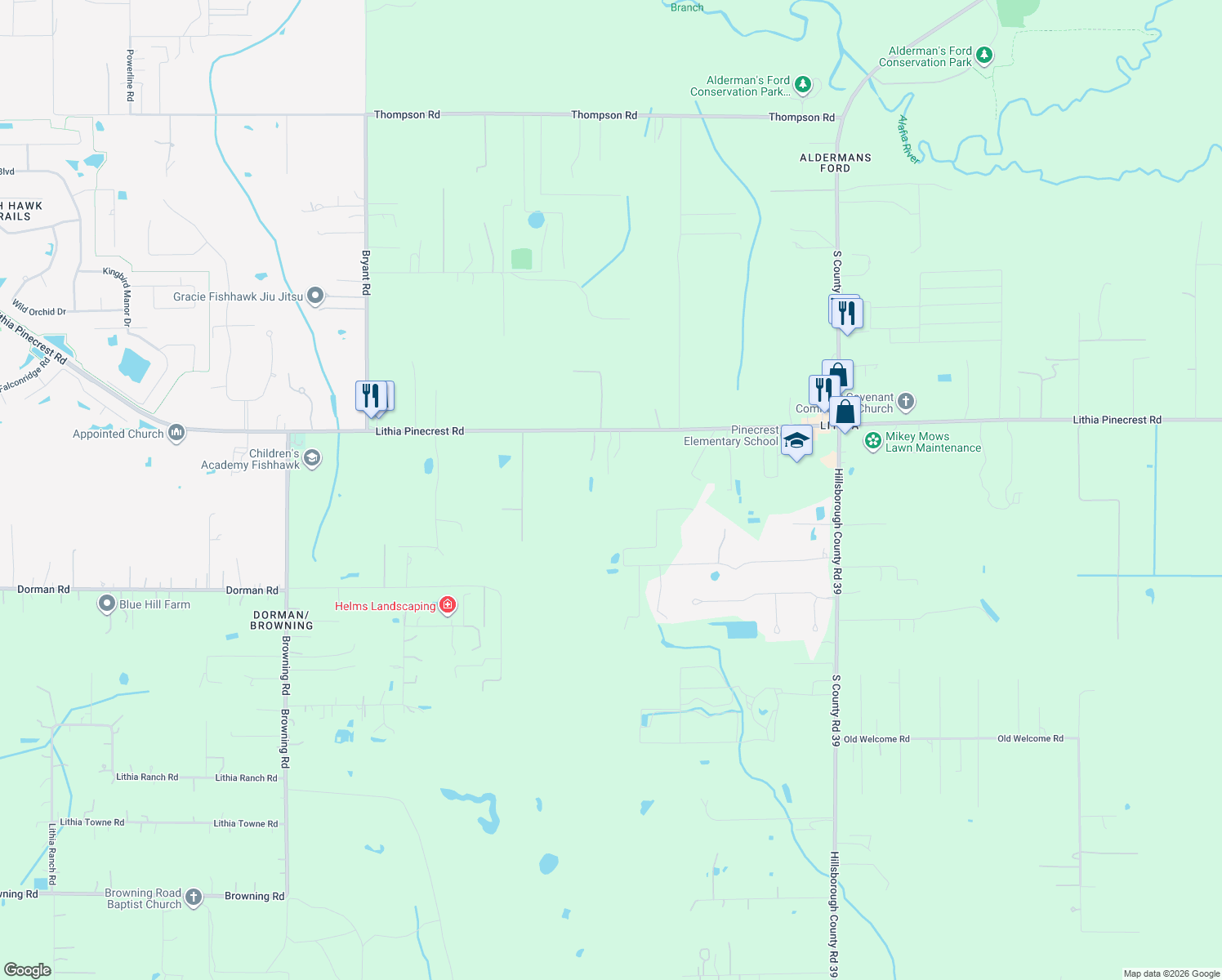 map of restaurants, bars, coffee shops, grocery stores, and more near 7506 Lithia Pinecrest Road in Lithia