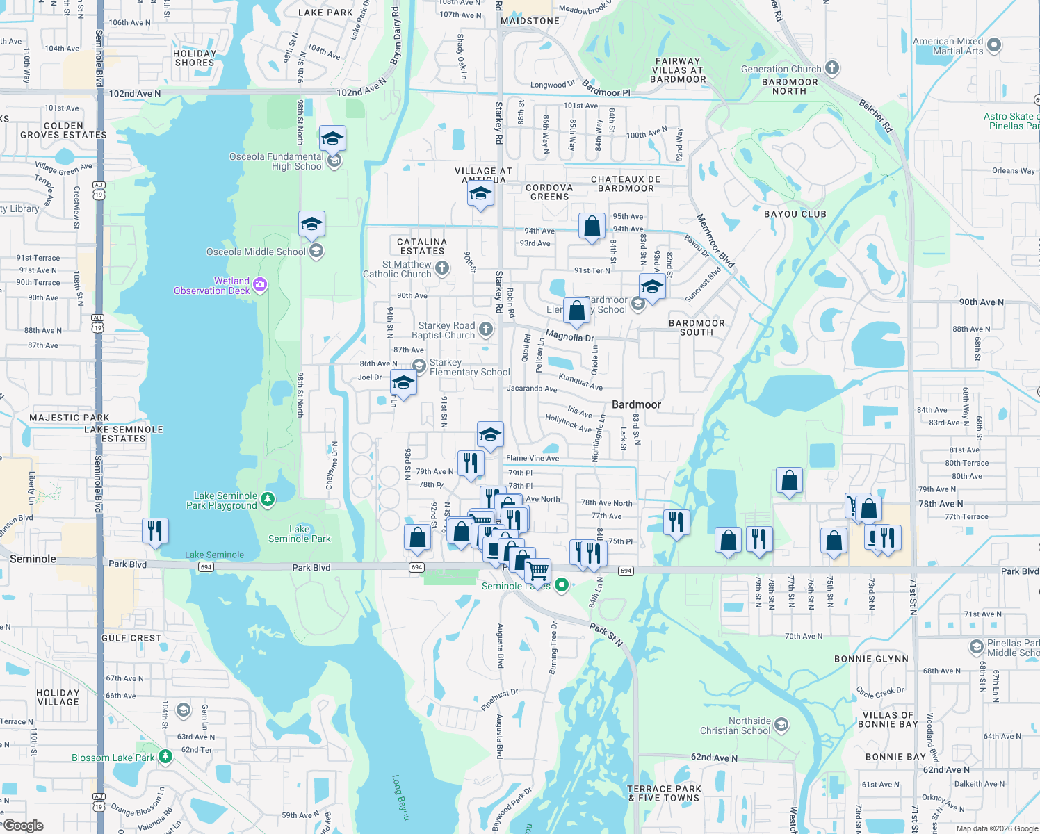 map of restaurants, bars, coffee shops, grocery stores, and more near 8260 Quail Rd in Seminole