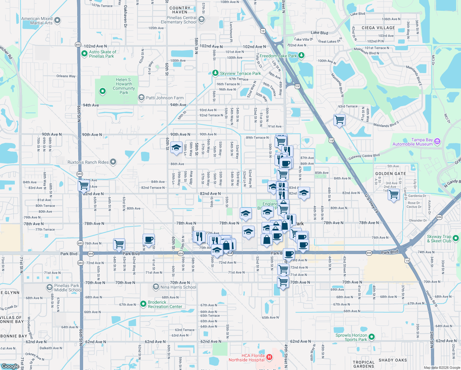 map of restaurants, bars, coffee shops, grocery stores, and more near 8300 54th Street North in Pinellas Park