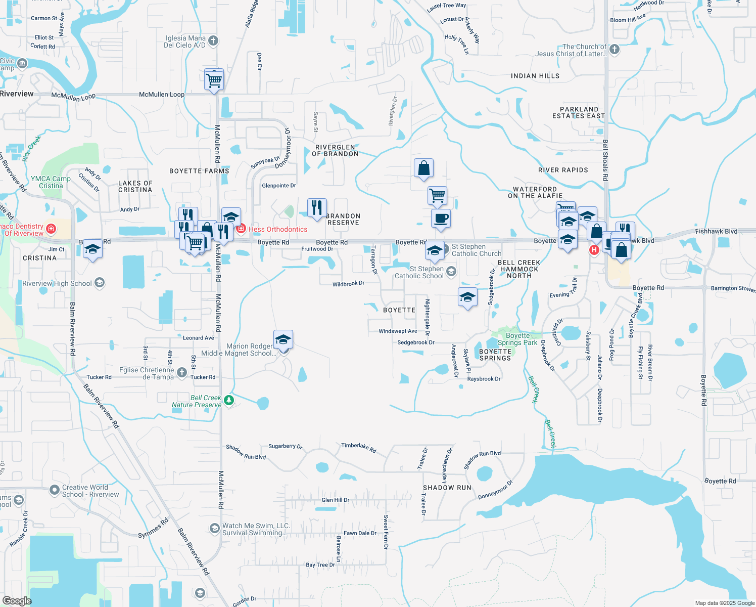 map of restaurants, bars, coffee shops, grocery stores, and more near 10205 Tarragon Drive in Riverview