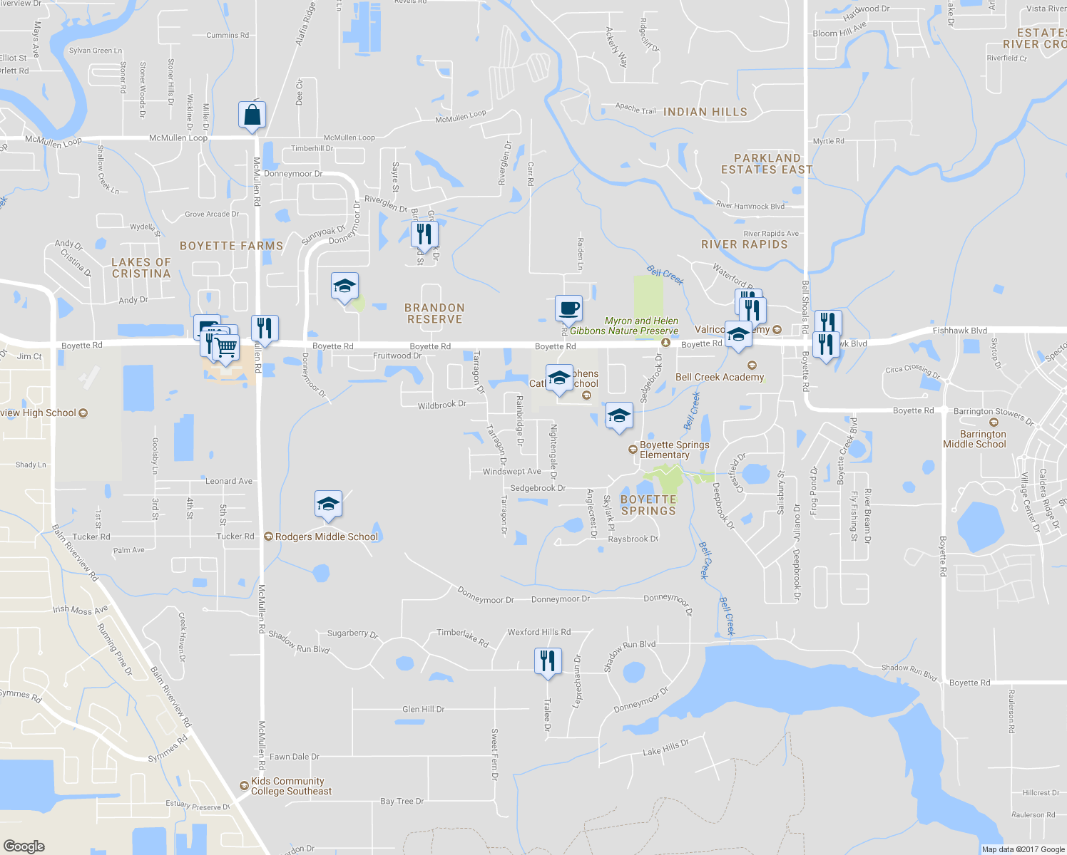 map of restaurants, bars, coffee shops, grocery stores, and more near 10403 Harvestime Place in Riverview