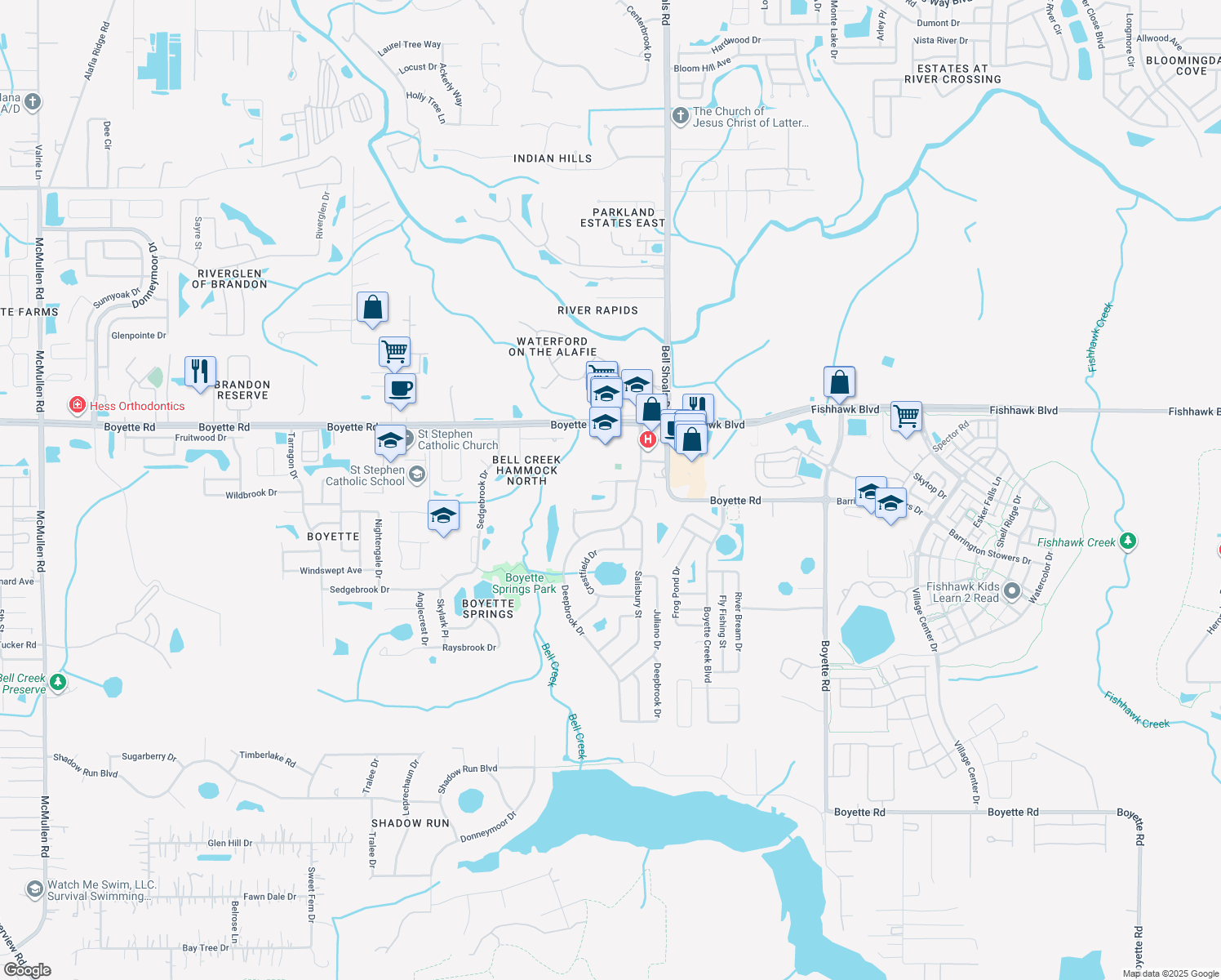 map of restaurants, bars, coffee shops, grocery stores, and more near 10203 Evening Trail Drive in Riverview