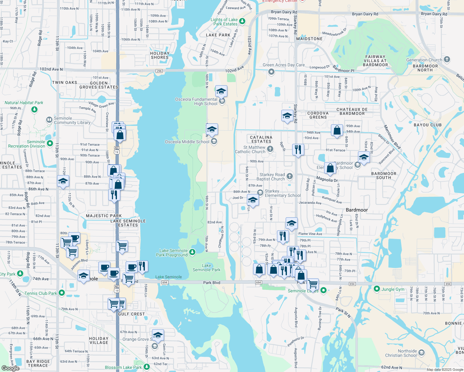 map of restaurants, bars, coffee shops, grocery stores, and more near 9521 86th Avenue in Seminole