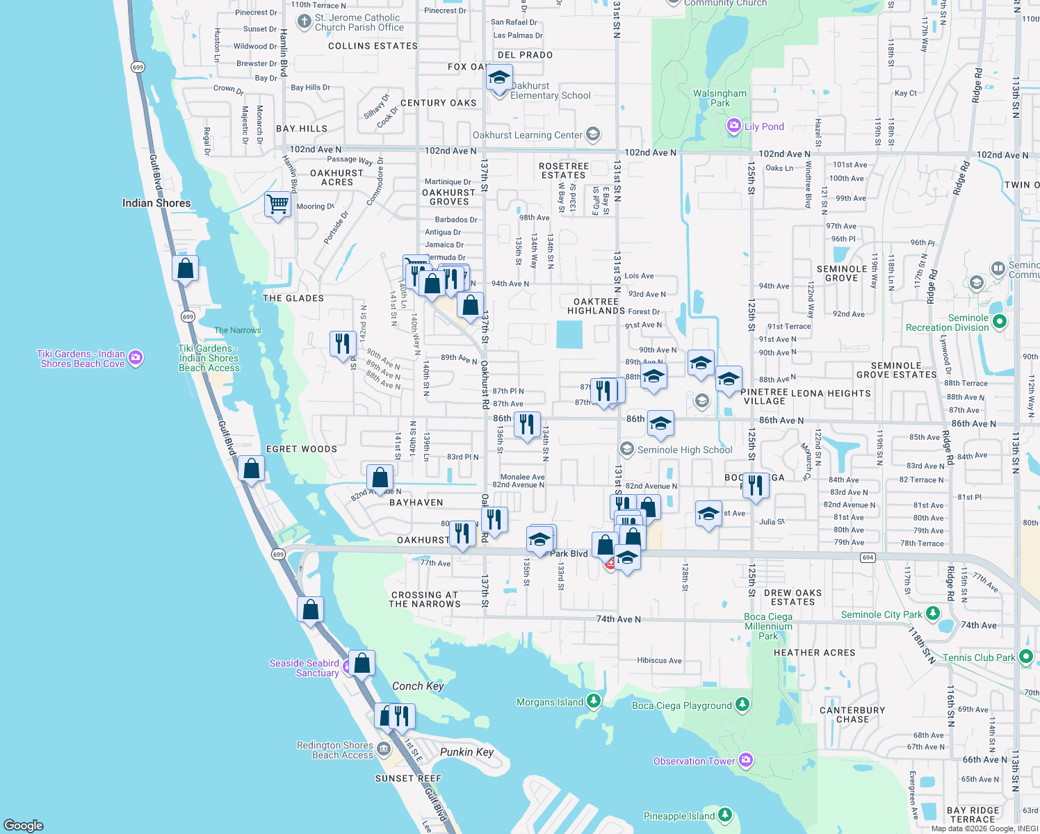 map of restaurants, bars, coffee shops, grocery stores, and more near 13565 86th Avenue North in Seminole