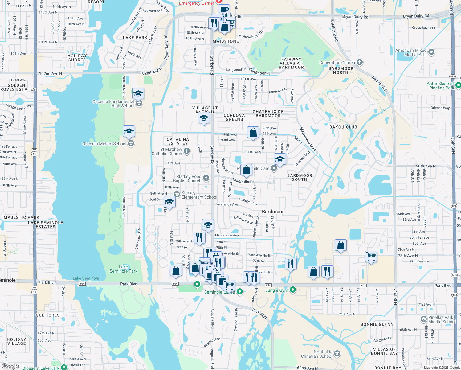 map of restaurants, bars, coffee shops, grocery stores, and more near 8631 Pelican Lane in Seminole