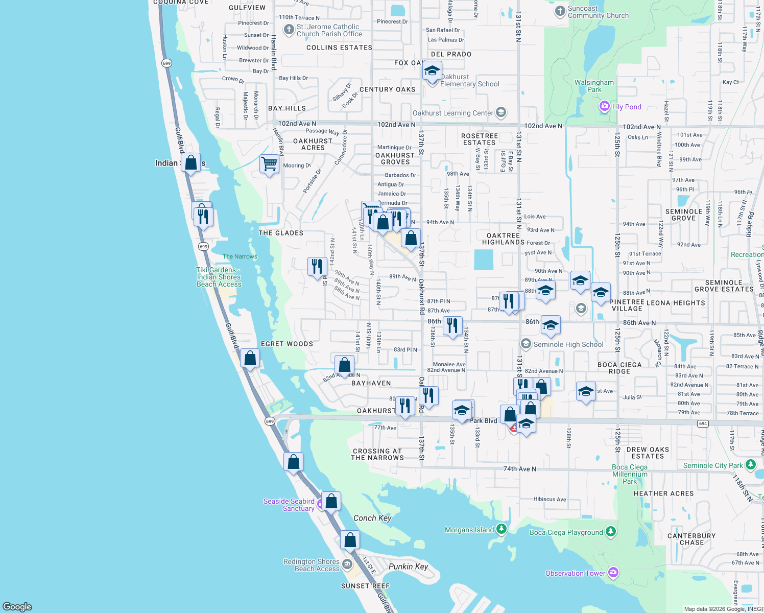 map of restaurants, bars, coffee shops, grocery stores, and more near 13951 87th Avenue in Seminole