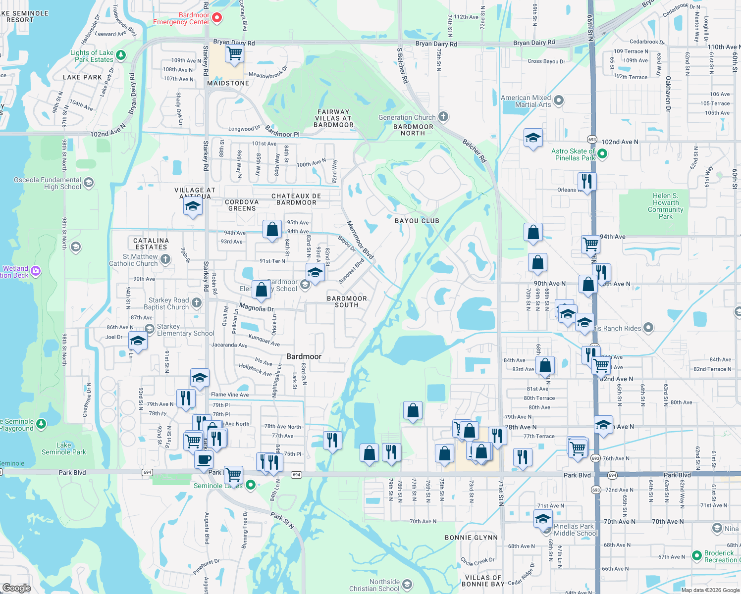 map of restaurants, bars, coffee shops, grocery stores, and more near 8846 Merrimoor Boulevard East in Seminole