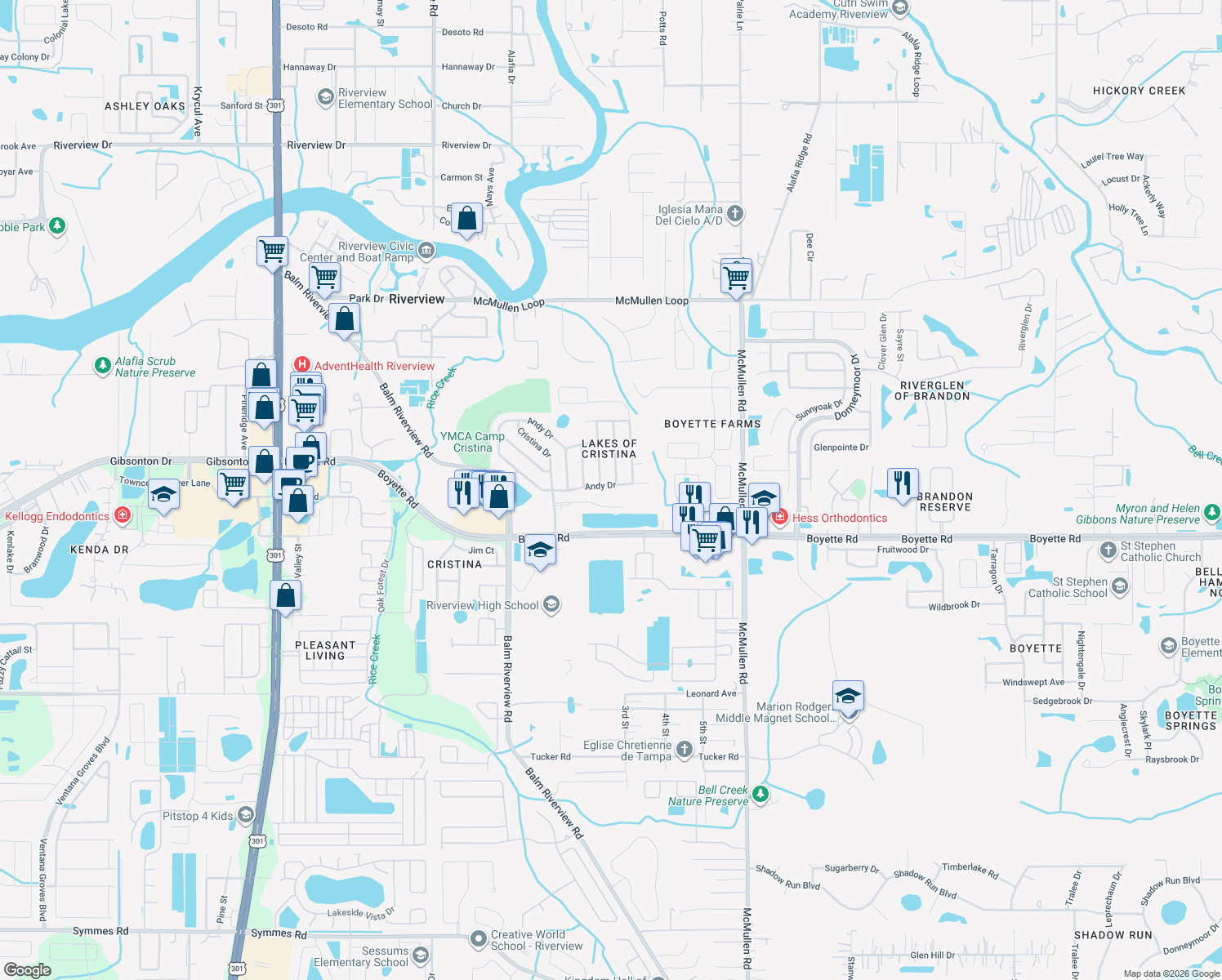map of restaurants, bars, coffee shops, grocery stores, and more near 11513 Andy Drive in Riverview