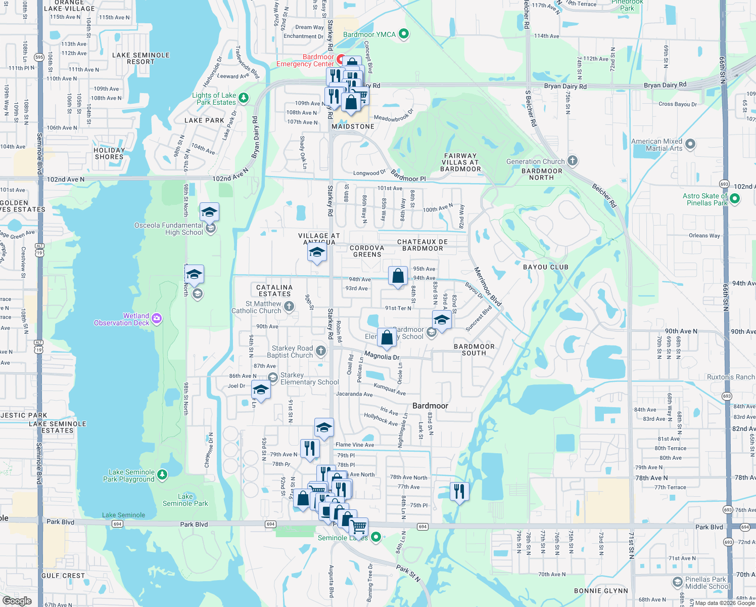 map of restaurants, bars, coffee shops, grocery stores, and more near 9184 86th St in Seminole