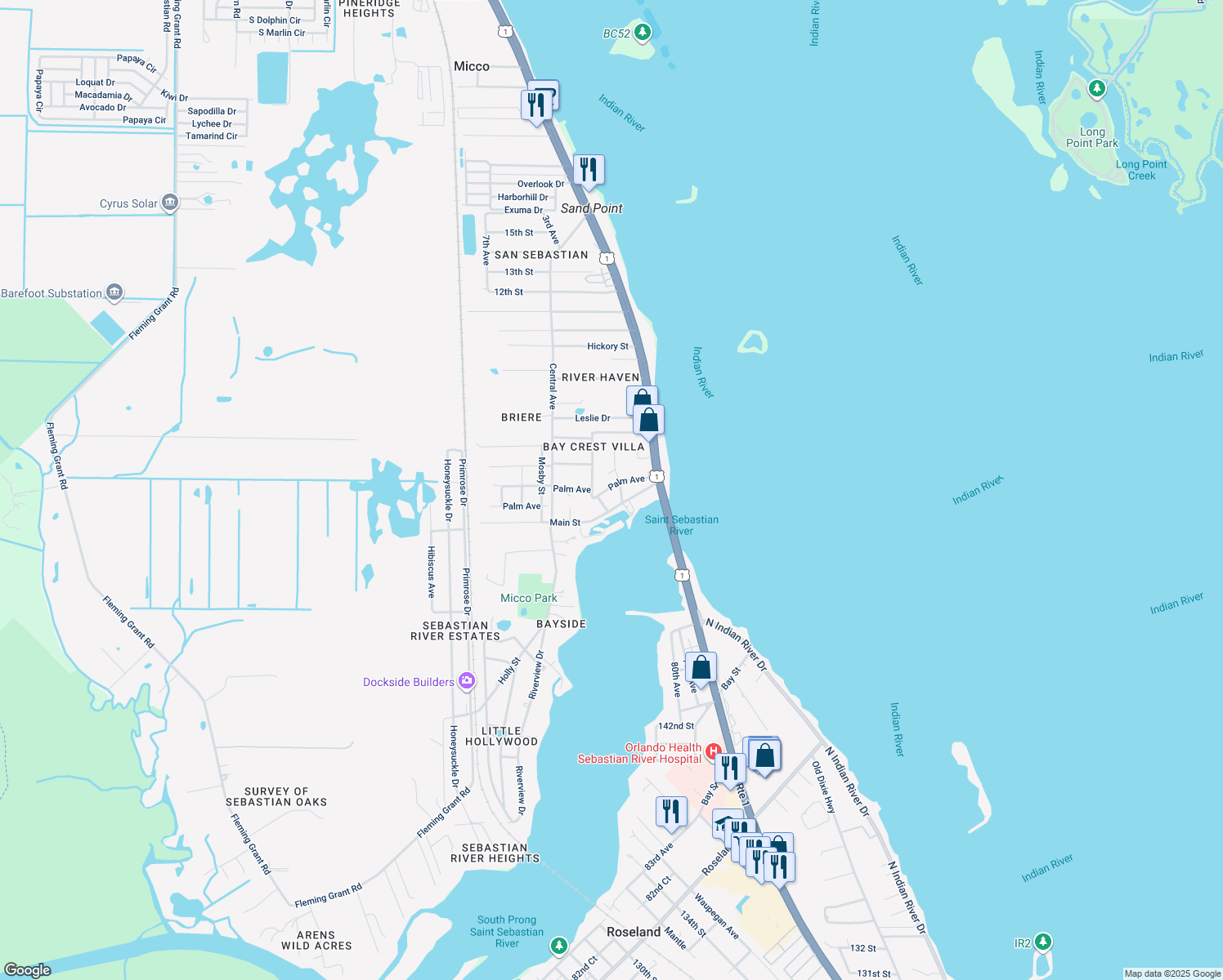 map of restaurants, bars, coffee shops, grocery stores, and more near 4055 Palm Avenue in Sebastian