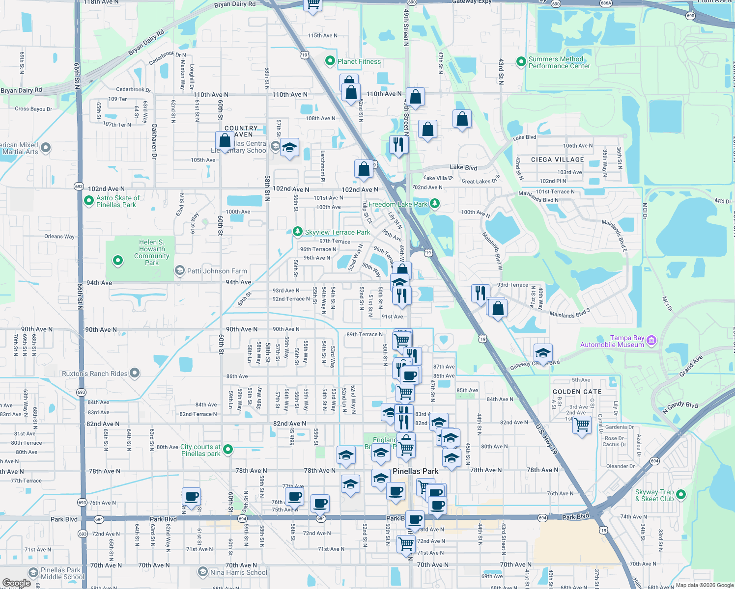 map of restaurants, bars, coffee shops, grocery stores, and more near 9272 51st Street North in Pinellas Park