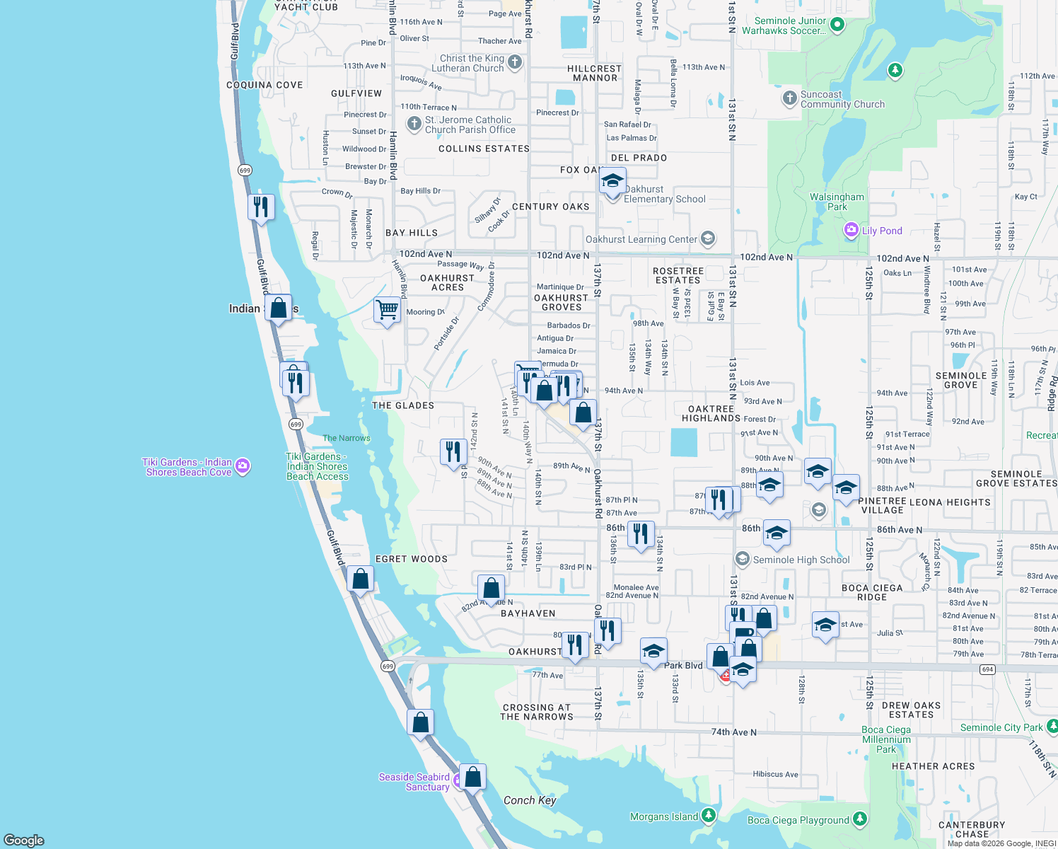 map of restaurants, bars, coffee shops, grocery stores, and more near 9157 140th Way in Seminole